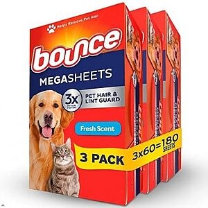 [SnS, AC] $25.39 | 4 × 180-Count Bounce Pet Hair and Lint Guard Mega Fabric Softener Dryer Sheets (Fresh) ($6.35 each) at Amazon